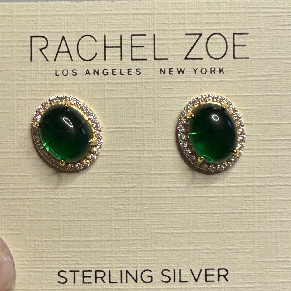 Rachel Zoe sterling  stud earrings,green cabochon  surrounded by cubic zirconia
